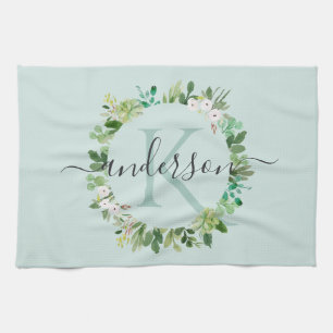 SOFT AQUA BLUE WREATH FOLIAGE WATERCOLOR MONOGRAM KITCHEN TOWEL