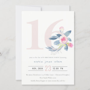 SOFT AQUA BLUSH BLUE FLORAL 16TH ANY AGE BIRTHDAY INVITATION