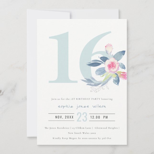 SOFT AQUA BLUSH BLUE FLORAL 16TH ANY AGE BIRTHDAY INVITATION (Front)