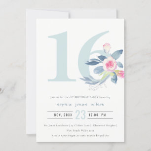 SOFT AQUA BLUSH BLUE FLORAL 16TH ANY AGE BIRTHDAY INVITATION
