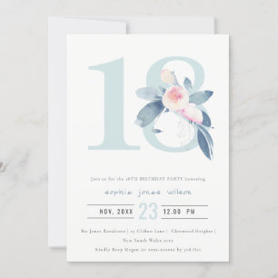 SOFT AQUA BLUSH BLUE FLORAL 18TH ANY AGE BIRTHDAY INVITATION