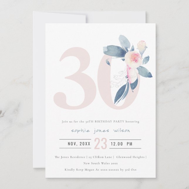 SOFT AQUA BLUSH BLUE FLORAL 30TH ANY AGE BIRTHDAY INVITATION (Front)