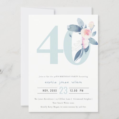 SOFT AQUA BLUSH BLUE FLORAL 40TH ANY AGE BIRTHDAY INVITATION
