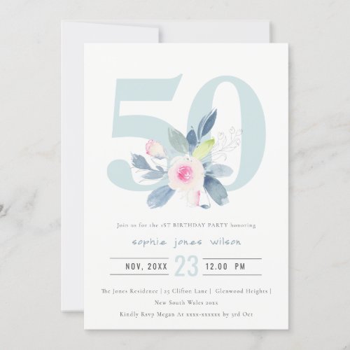 SOFT AQUA BLUSH BLUE FLORAL 50TH ANY AGE BIRTHDAY INVITATION