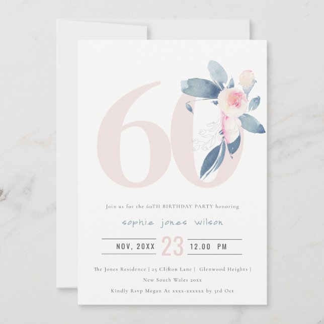 SOFT AQUA BLUSH BLUE FLORAL 60TH ANY AGE BIRTHDAY INVITATION (Front)