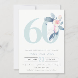 SOFT AQUA BLUSH BLUE FLORAL 60TH ANY AGE BIRTHDAY INVITATION