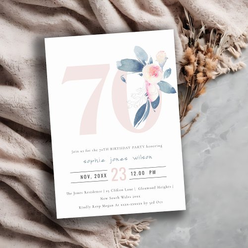 SOFT AQUA BLUSH BLUE FLORAL 70TH ANY AGE BIRTHDAY INVITATION