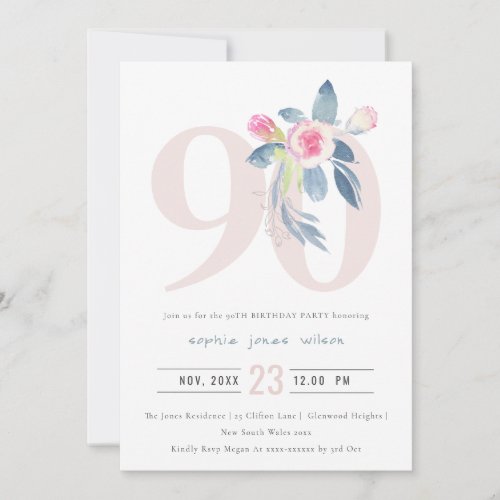 SOFT AQUA BLUSH BLUE FLORAL 90TH ANY AGE BIRTHDAY INVITATION