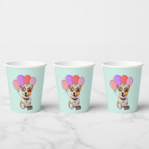 Soft Aqua-Mint Cheerful Modern Corgi Birthday Paper Cups