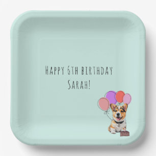 Soft Aqua-Mint Cheerful Modern Corgi Birthday Paper Plates