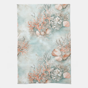 Soft Aqua Ocean Shell Botanical Pattern Kitchen Towel