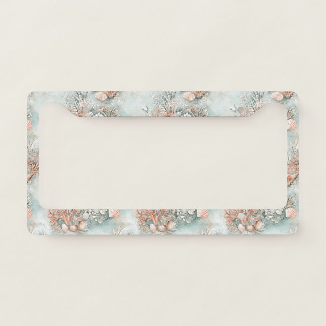 Soft Aqua Ocean Shell Botanical Pattern License Plate Frame (Front)