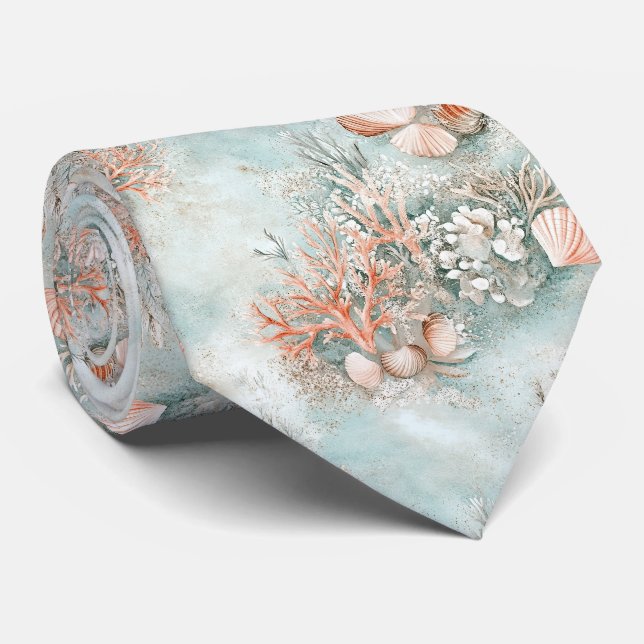 Soft Aqua Ocean Shell Botanical Pattern Neck Tie (Rolled)