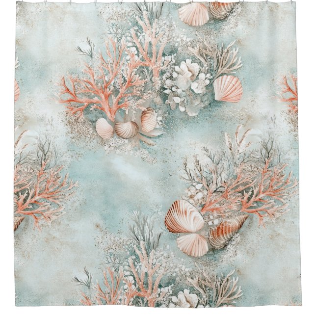 Soft Aqua Ocean Shell Botanical Pattern Shower Curtain (Front)