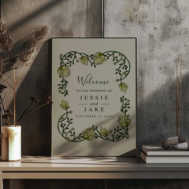 Soft Art nouveau floral wedding welcome sign (Art nouveau vintage flowers border and wedding welcome text in a glass and metal frame)