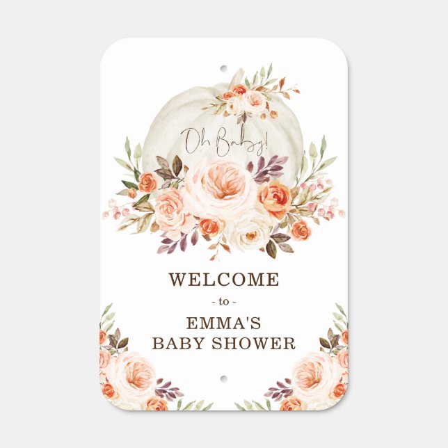 Soft Autumn Pumpkin Floral Baby Shower Welcome Metal Sign (Front)