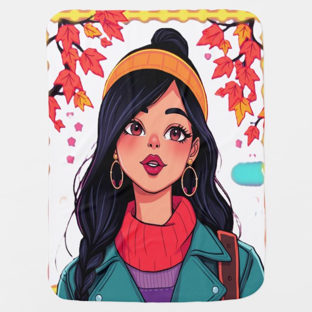 Soft Baby Blanket – Cute Autumn Girl Illustration, (Front)