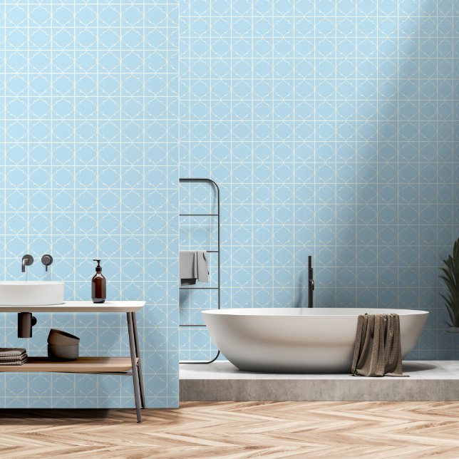 Soft baby blue and white moroccan mock tiles wallpaper  (Bathroom)