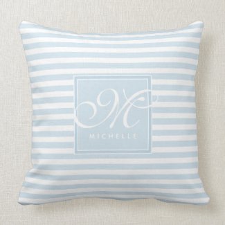 Soft Baby Blue and White Striped - Script Monogram Throw Pillow