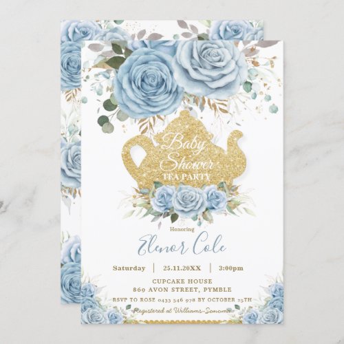Soft Baby Blue Floral Baby Shower High Tea Party  Invitation