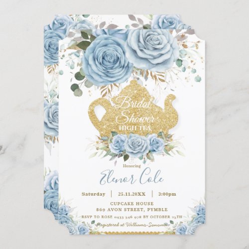 Soft Baby Blue Floral Bridal Shower High Tea Party Invitation