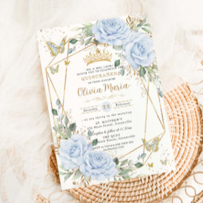 Soft Baby Blue Floral Butterflies Gold Quinceanera Invitation