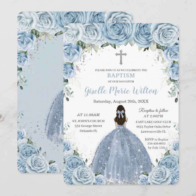 Soft Baby Blue Floral Roses Girl Silver Baptism  Invitation (Front/Back)