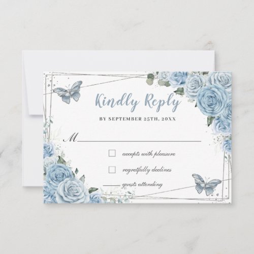 Soft Baby Blue Floral Roses Quinceaera Butterfly RSVP Card