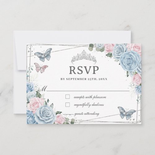 Soft Baby Blue Pink Floral Roses Quinceaera  RSVP Card