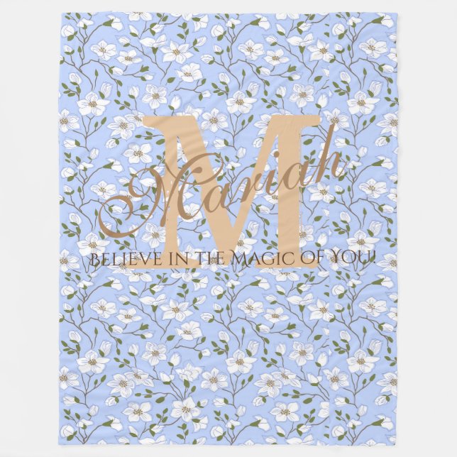 Soft Baby Blue White Floral Pattern Name Monogram Fleece Blanket (Front)