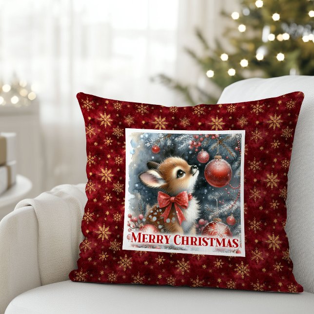 Soft baby fawn winter scene snowy forest kids room throw pillow (Soft baby fawn winter scene snowy forest kids room decor)
