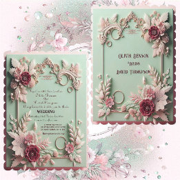 Soft Baroque Elegance Maroon Rose Floral Motifs Invitation