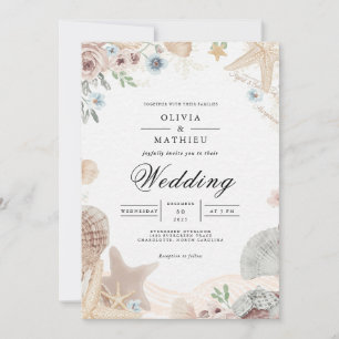 Soft Beach Shells Floral Wedding Invitation