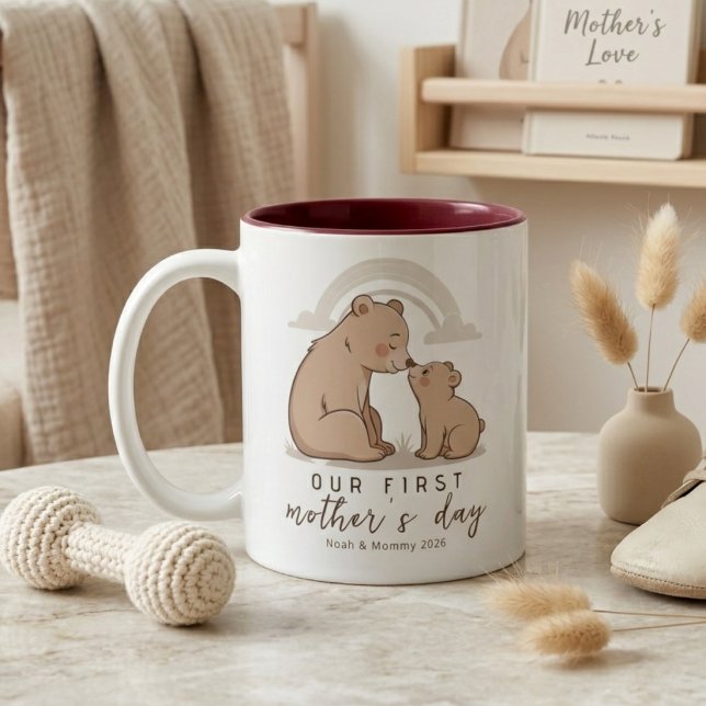 Soft Bear Mom Baby First Mothers Day Love Design Two-Tone Coffee Mug (Creator Uploaded)