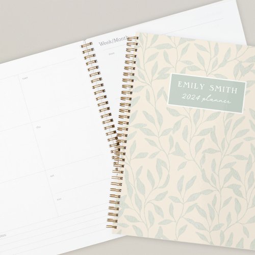 Soft Beige and Sage Foliage Custom Name Planner