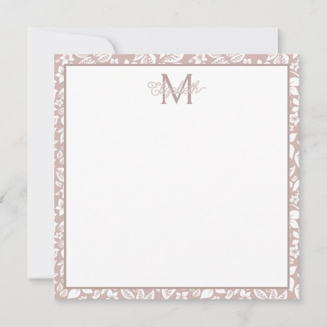 Soft Beige and White Floral Monogram Note Card (Front)