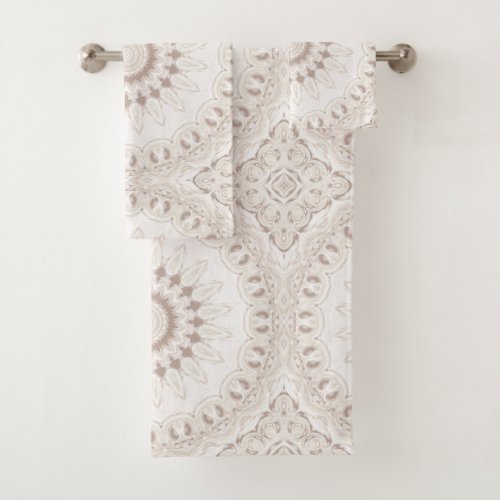 Soft Beige and White Mandala Medallion Bath Towel Set