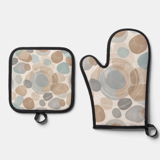 Soft Beige Blue Gray Minimalist Overlapping  Oven Mitt & Pot Holder Set (Front)