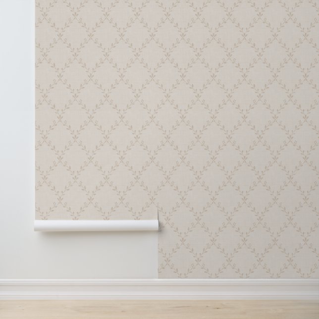 Soft Beige Boho Floral Trellis Pattern Wallpaper (Application)