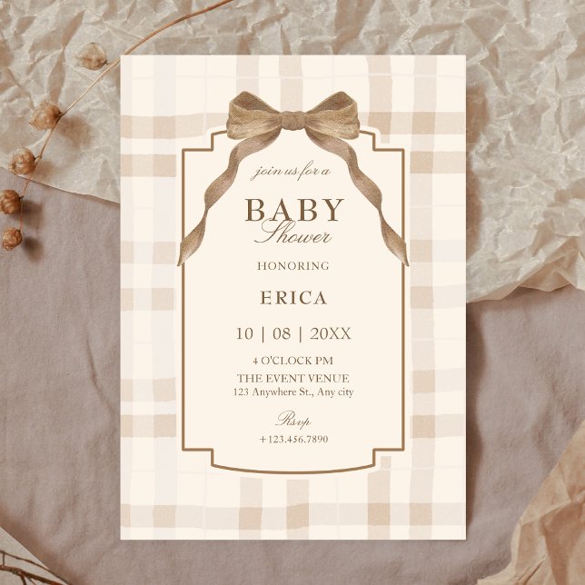 Soft beige brown bow tartan plaid baby shower invitation (Creator Uploaded)