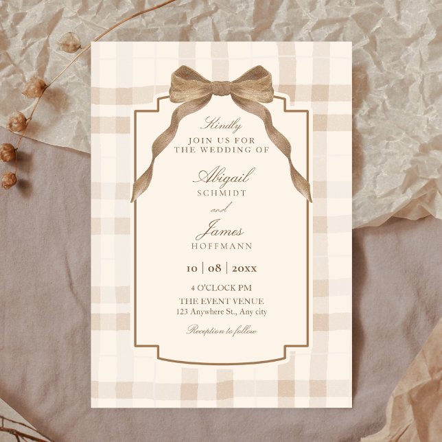 Soft beige brown bow tartan plaid wedding invitation (Creator Uploaded)