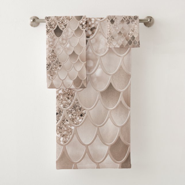 Soft Beige Brown Mermaid Scales Glam 1 Bath Towel Set (Insitu)