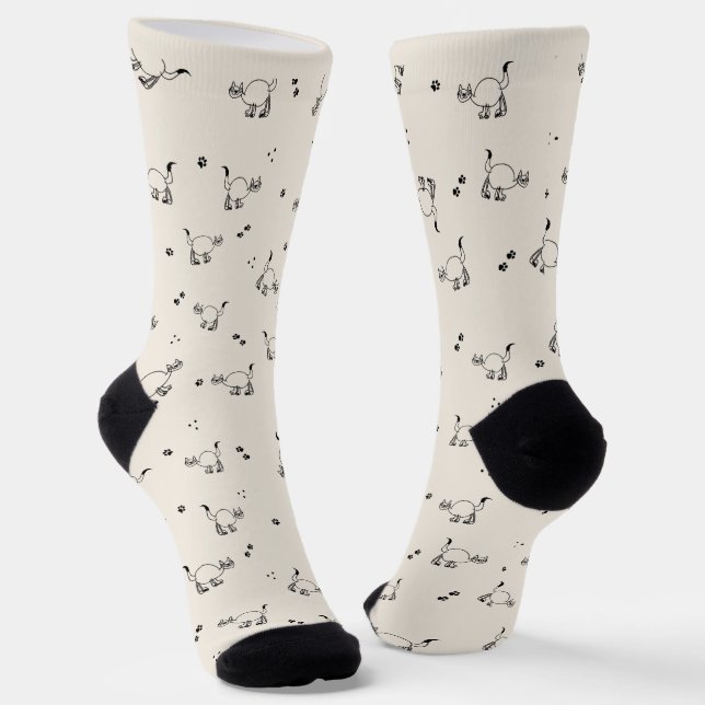 Soft Beige Cat Line Art Pattern Socks (Angled)