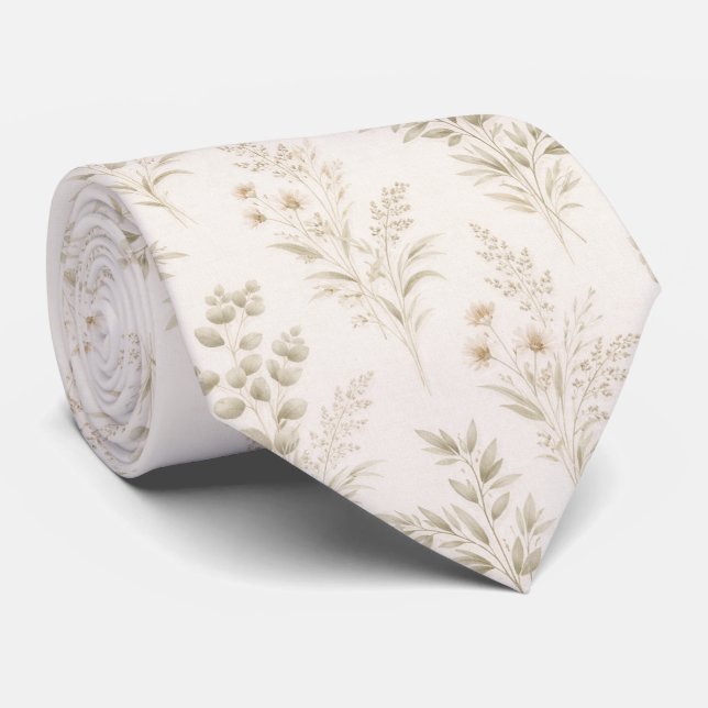 Soft Beige Delicate Botanical  Neck Tie (Rolled)