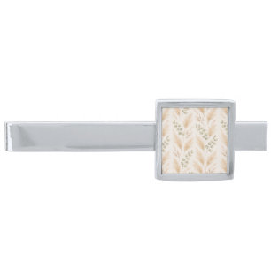 Soft Beige Delicate Ivy & Floral Motifs Silver Finish Tie Bar