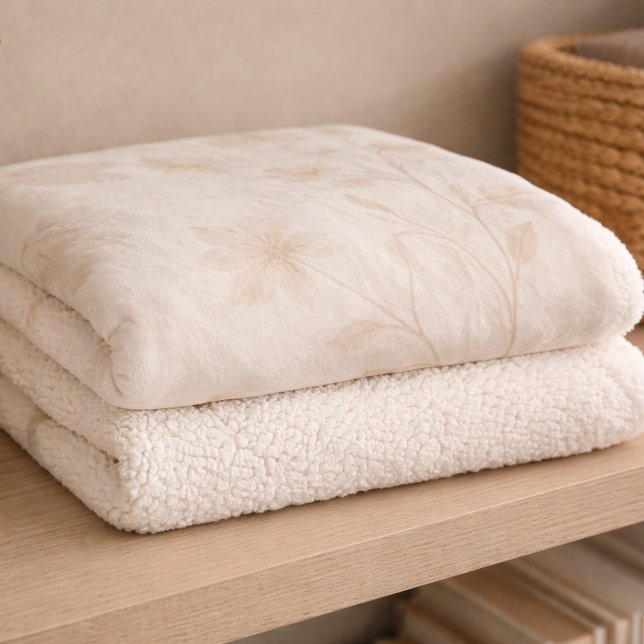 Soft Beige Florals Sherpa Blanket (Soft beige florals drift across watercolor layers for relaxed neutral living)