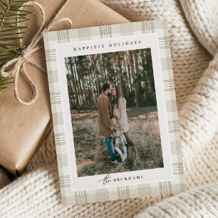 Soft Beige Gingham Photo Christmas Holiday Card