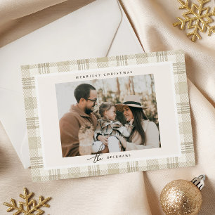 Soft Beige Gingham Photo Christmas Holiday Card