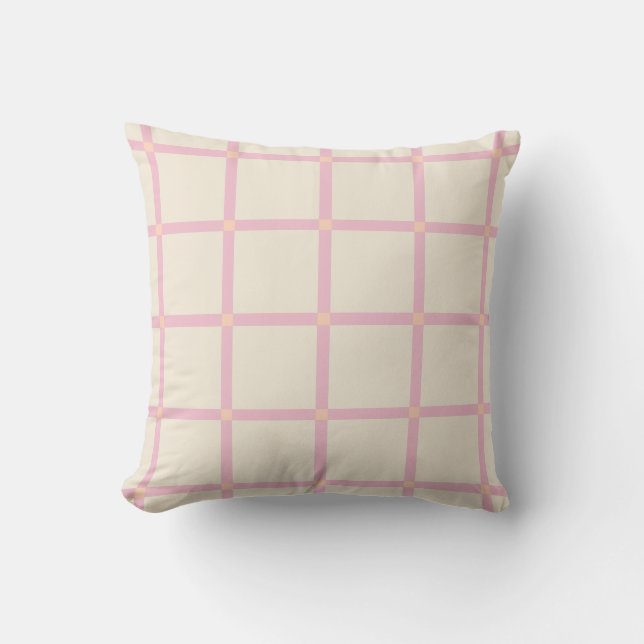 Soft Beige & Pink Grid Pattern Throw Pillow (Front)