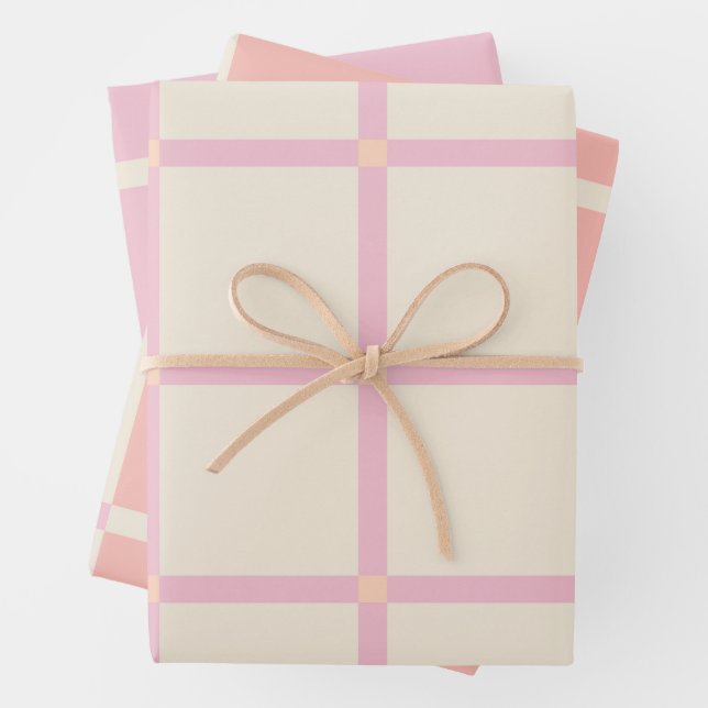 Soft Beige & Pink Grid Pattern Wrapping Paper Sheets (In situ)